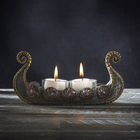 Candle Holder: Viking Ship Votive - Tea Lite Candle Holder - Bronze Resin with Two Glass Tea Lite Holders