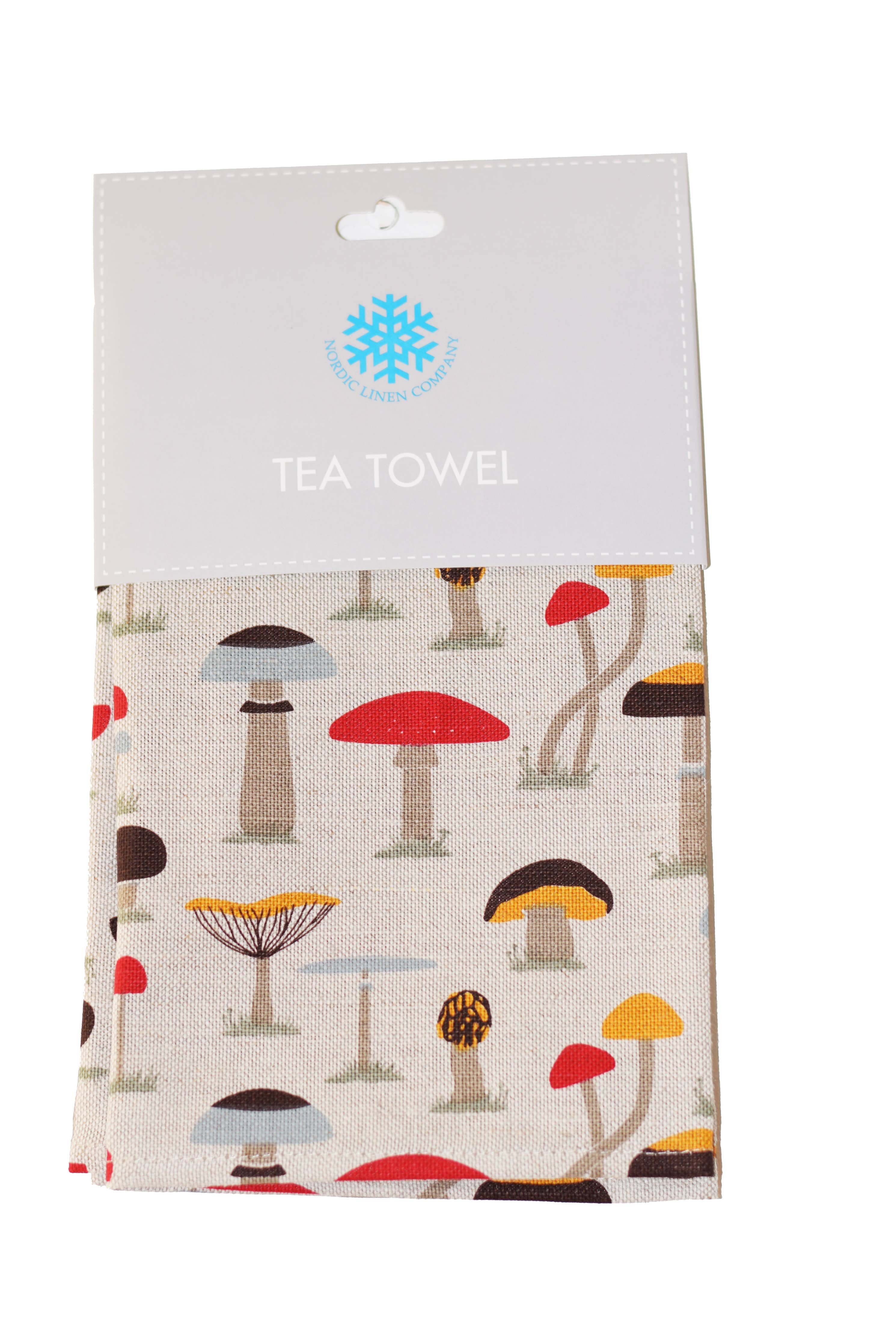 Linen tea towel showcasing a vibrant mushroom pattern, made from Oeko-Tex certified fabric, and stylishly wrapped with a cardstock label. Product: Mushroom on Natural Linen - Cotton Tea Towel.