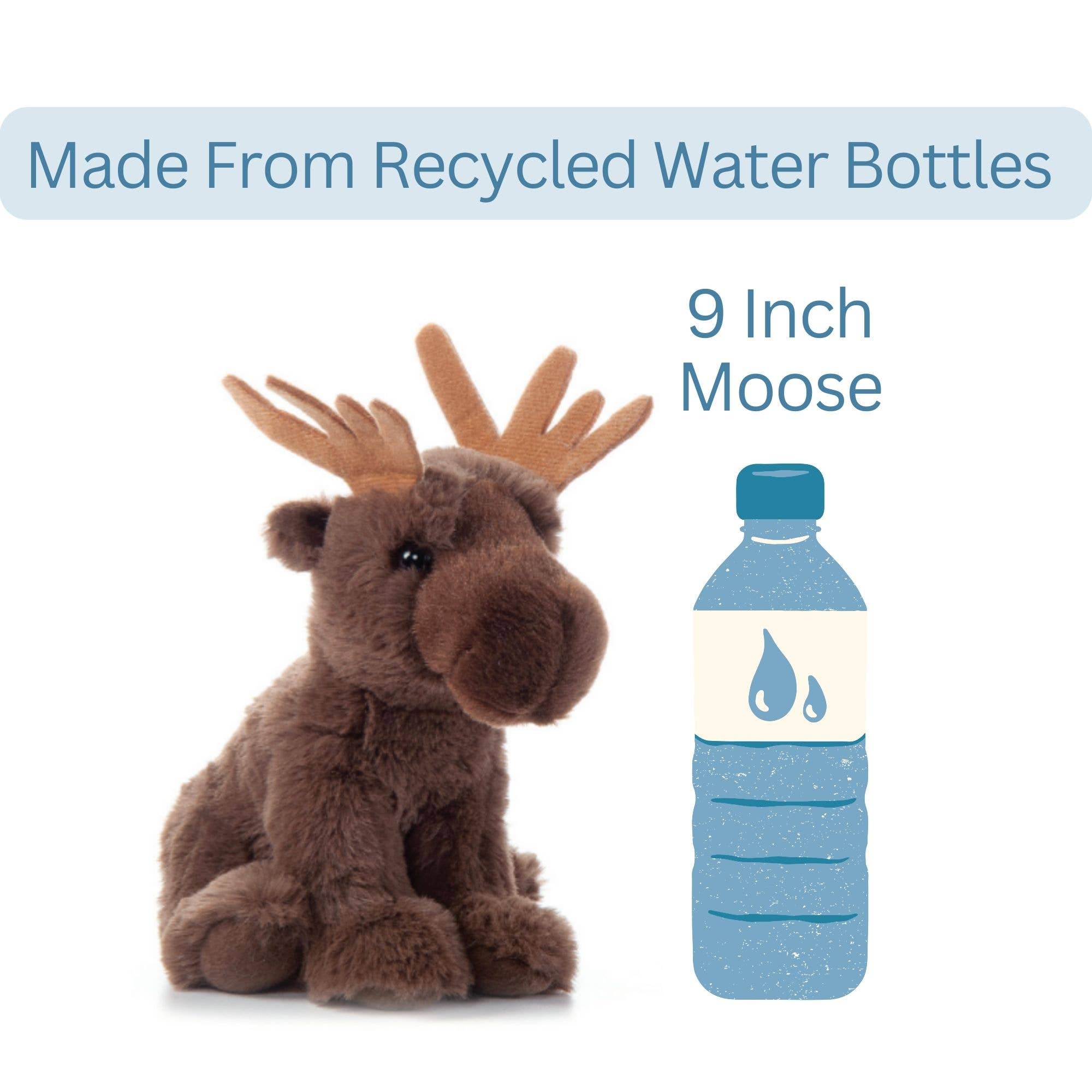 The Plush: Moose 9 Tall Stuffed Animal Wild Onez is made from recycled water bottles, as shown by an illustration and the text Made From Recycled Water Bottles alongside the plush moose.