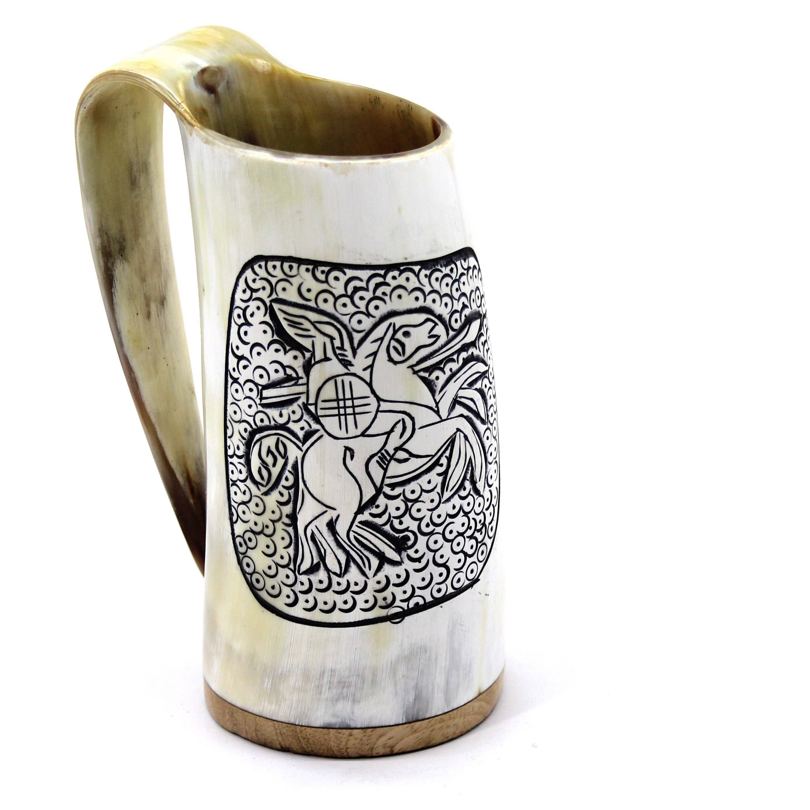 Discover the Horn: Viking Drinking Horn Mug - White w/ Black Accents (32-36oz), a beautifully hand-crafted decorative piece featuring a striking black and white engraving of two figures on horseback.