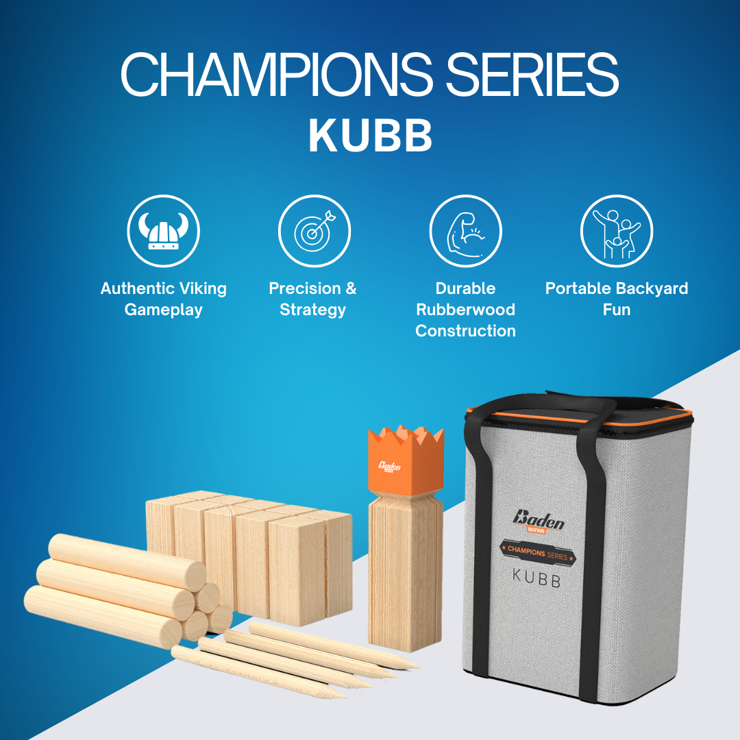 The Kubb Champions Series Yard Game includes durable wooden pieces, a gray carrying case, and icons for gameplay, strategy, durability, and portability—offering the ultimate Viking Chess-inspired backyard experience.