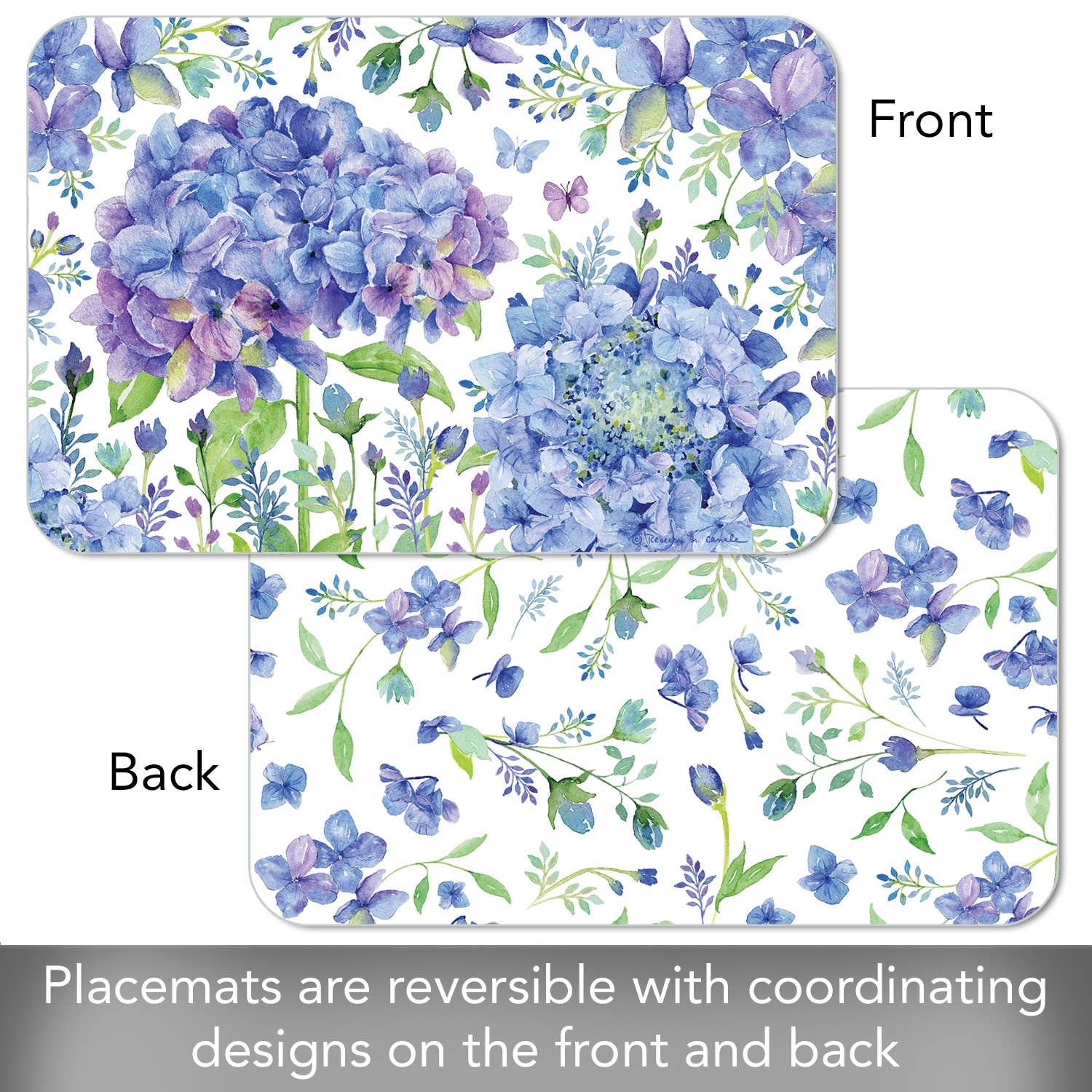 The "Beautiful Hydrangea Reversible Rectangular Plastic Placemat" showcases elegant floral motifs of hydrangeas and other blue and purple flowers, made from BPA-free plastic for easy maintenance.