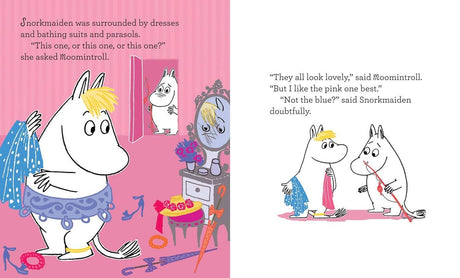 Snorkmaiden, holding up a pink dress, asks Moomintroll for advice. Nearby, he holds a blue dress as they discuss outfits inspired by Book: Moomin and the Moonlight Adventure by Tove Jansson, ready for their next moonlit adventure.