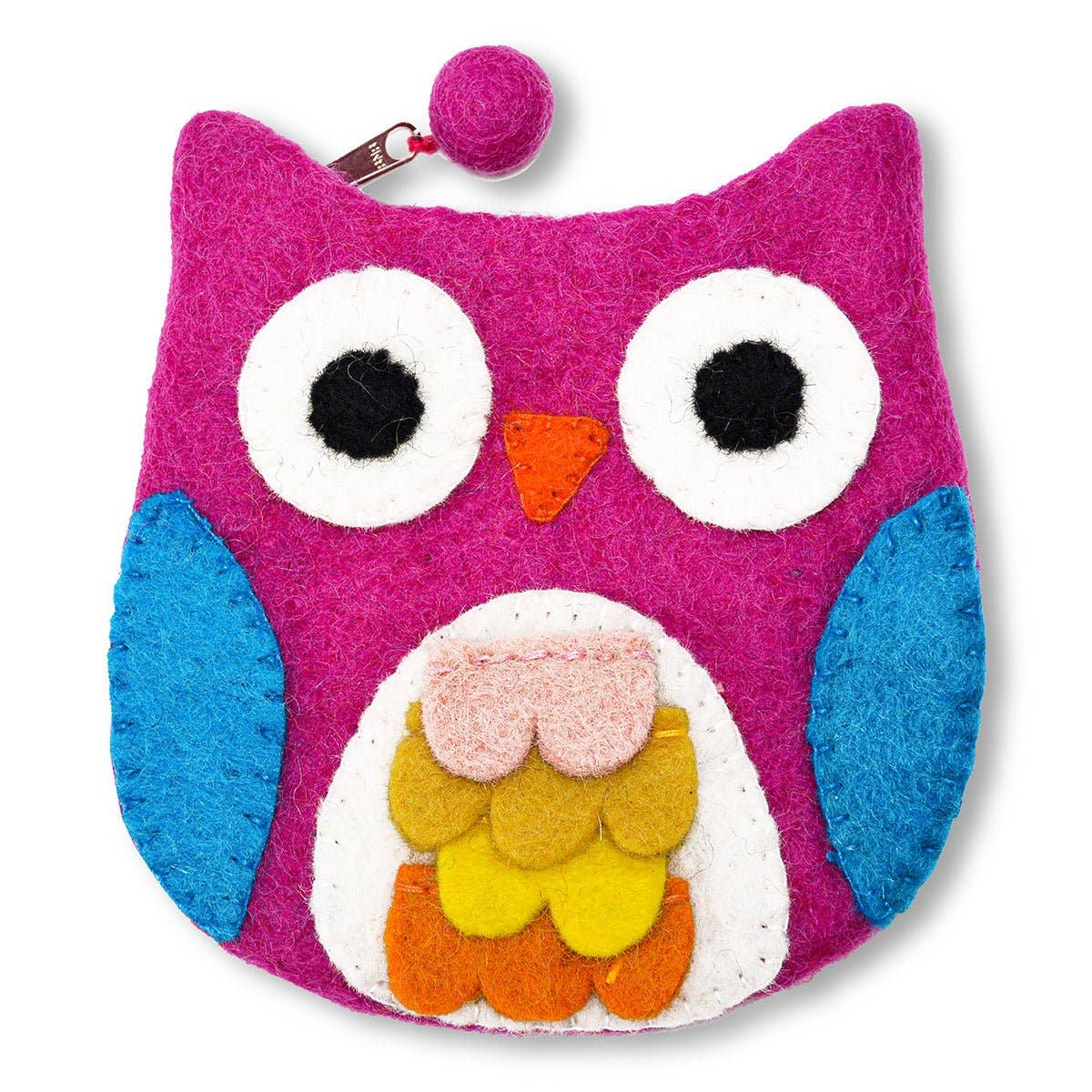 The Bag: Blue Owl with Felt Fur Design Coin Purse is handmade in Nepal, featuring a pink body, blue wings, white and black eyes, and a zipper with a round pink pull.