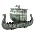 The Figurine: Norwegian Viking Ship with Sail Pewter 5″x3″ Table Decor by Faire - Scandinavian Specialties is a handcrafted keepsake that beautifully captures Scandinavian heritage, featuring a dragon-shaped prow, detailed shields along the side, and a single sail with a small flag atop—expertly crafted in pewter.