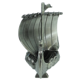 Front view of the Faire - Scandinavian Specialties Figurine: Norwegian Viking Ship with Sail Pewter 5″x3″ Table Decor, this handcrafted metallic model features a single sail, curved hull, and engraved details, proudly showcasing Scandinavian heritage against a plain white background.