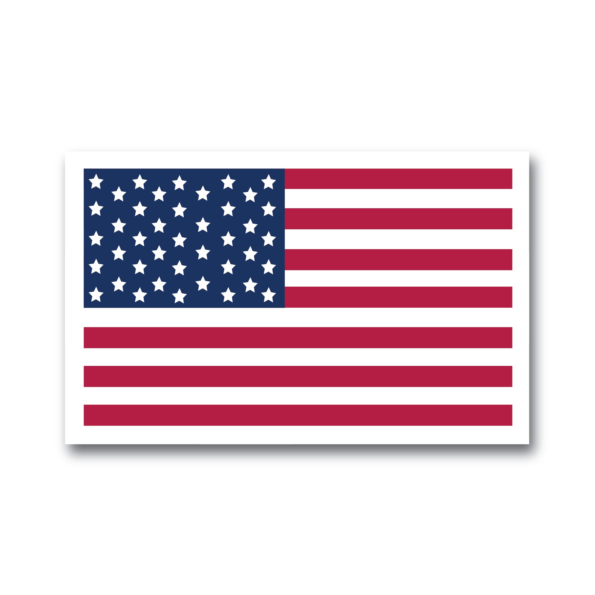 The image features the "Sticker: American Flag," highlighting 50 white stars in a blue rectangle and 13 red and white horizontal stripes, with dimensions of 3 inches by 1.8 inches.