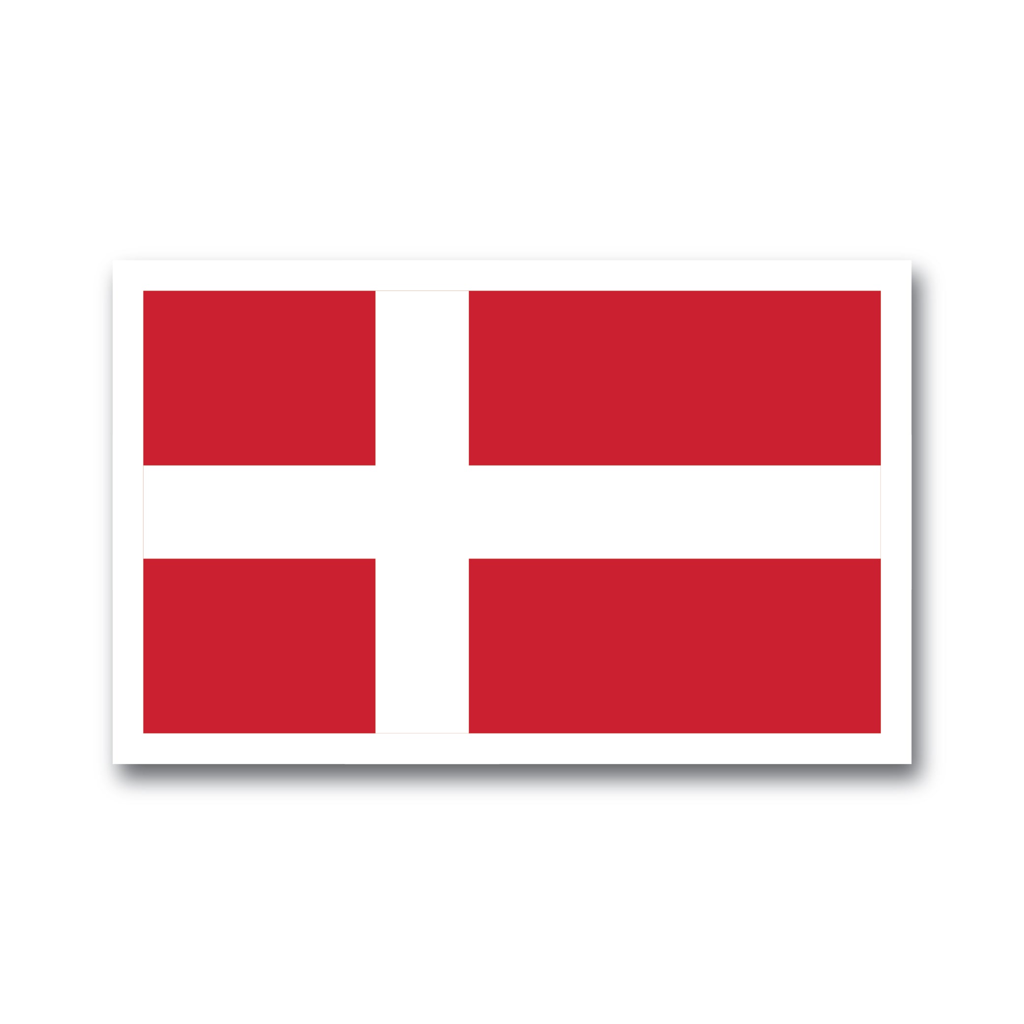 A sticker featuring a red background with a white Nordic cross extending to the edges, reminiscent of a classic Denmark Flag.