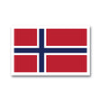 The image shows a Nordic Sticker: Norwegian Flag – Proud Heritage, featuring a red background with a blue cross outlined in white, emblematic of Norway. The sticker is 4 x 2.5 inches, glossy, UV and water-resistant, dishwasher safe, and easy to peel.