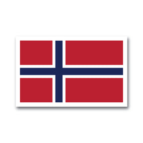 The image shows a Nordic Sticker: Norwegian Flag – Proud Heritage, featuring a red background with a blue cross outlined in white, emblematic of Norway. The sticker is 4 x 2.5 inches, glossy, UV and water-resistant, dishwasher safe, and easy to peel.