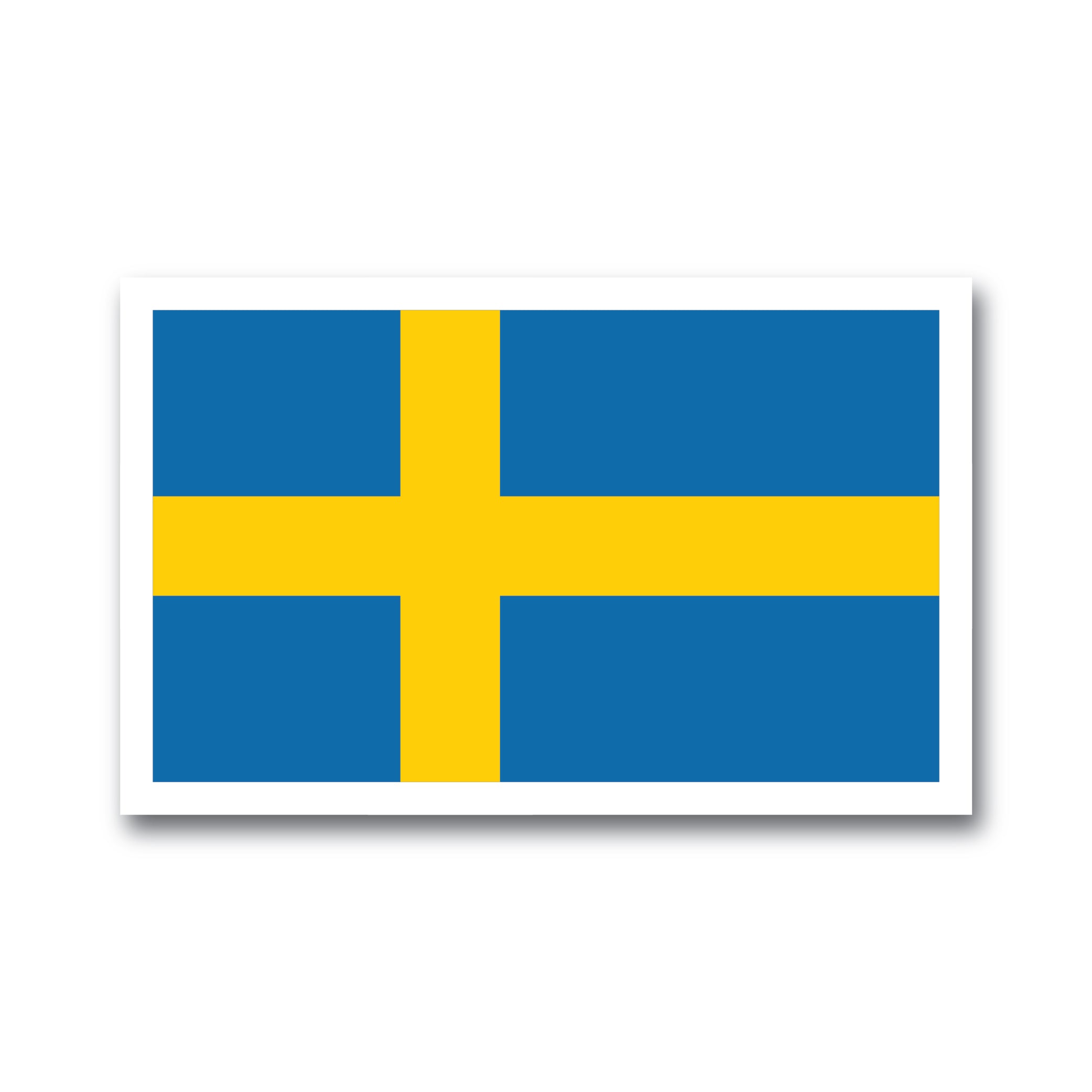 The "Sticker: Swedish Flag" features a blue background with a golden yellow Scandinavian cross reaching the edges, and it measures 3 inches by 1.8 inches.