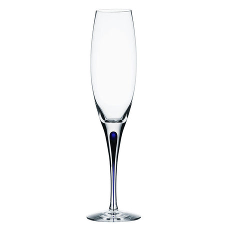 The Orrefors: Intermezzo Blue Flute 7oz, designed by Erika Lagerbielke, showcases elegance with its clear champagne flute, distinctive long stem, and subtle blue detail.