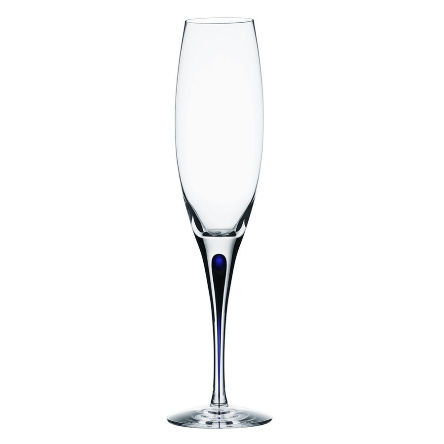 The Orrefors: Intermezzo Blue Flute 7oz, designed by Erika Lagerbielke, showcases elegance with its clear champagne flute, distinctive long stem, and subtle blue detail.