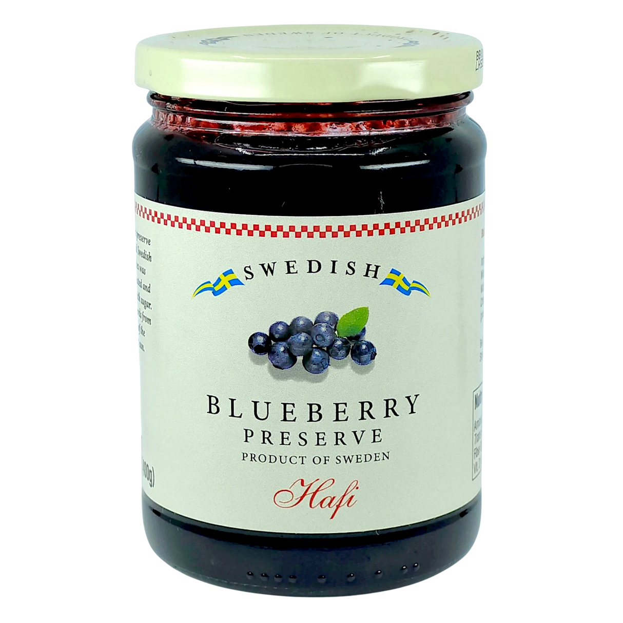 Glass jar with a Hafi label showing wild Swedish blueberries and the text “Product of Sweden.”.
