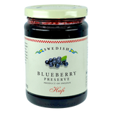 Glass jar with a Hafi label showing wild Swedish blueberries and the text “Product of Sweden.”.