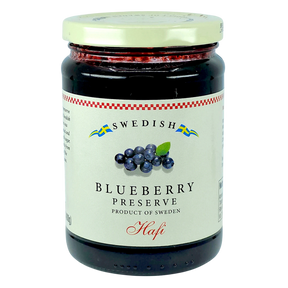 Glass jar with a Hafi label showing wild Swedish blueberries and the text “Product of Sweden.”.