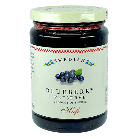 Glass jar with a Hafi label showing wild Swedish blueberries and the text “Product of Sweden.”.