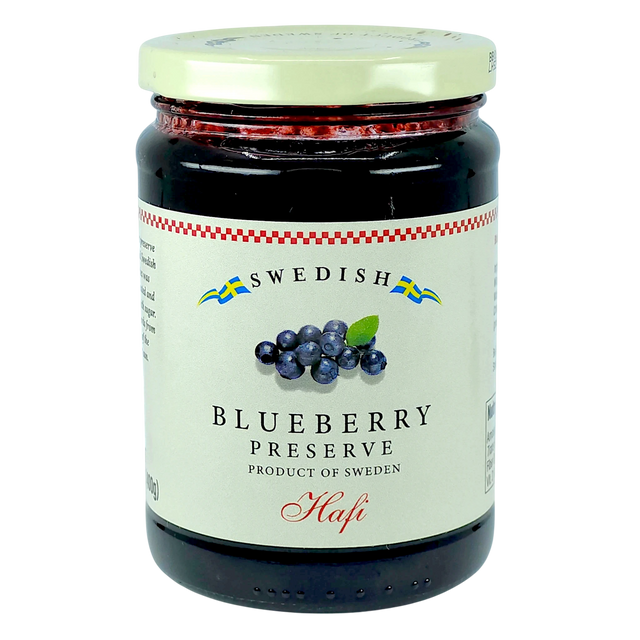 Glass jar with a Hafi label showing wild Swedish blueberries and the text “Product of Sweden.”.