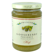 Jar of Swedish gooseberry preserve with a white lid and label showing gooseberries and blue-yellow flags.
