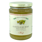 Jar of Swedish gooseberry preserve with a white lid and label showing gooseberries and blue-yellow flags.