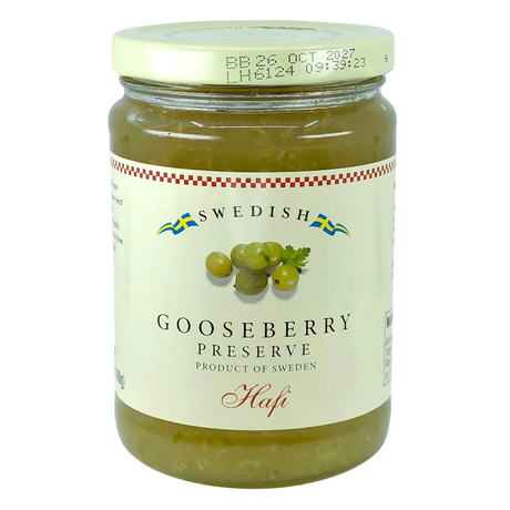 Jar of Swedish gooseberry preserve with a white lid and label showing gooseberries and blue-yellow flags.