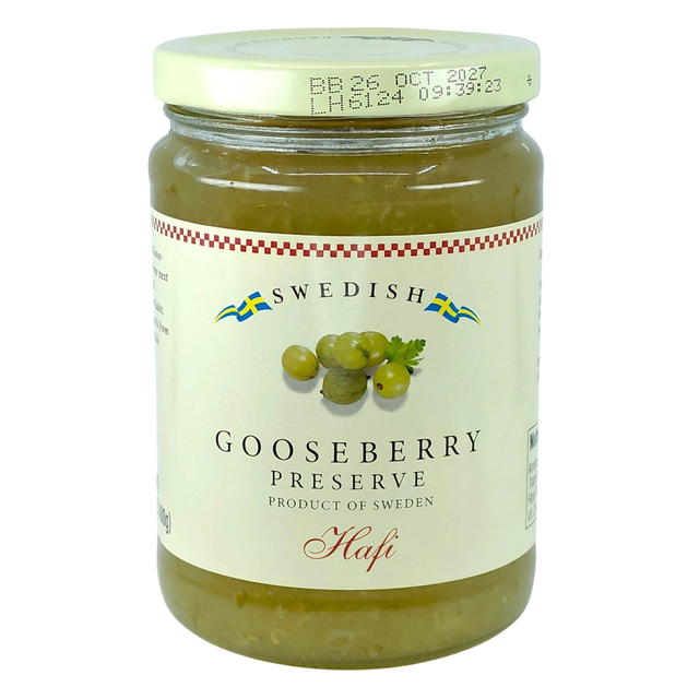Jar of Swedish gooseberry preserve with a white lid and label showing gooseberries and blue-yellow flags.