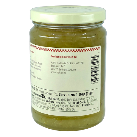 Glass jar containing light green gooseberry preserves. The white label displays nutrition facts, a barcode, and manufacturer information indicating origin from Sweden.