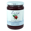 A glass jar labeled Scandinavian wild Swedish lingonberries stirred with sugar, showing red berries and stating net weight 14.1 oz (400g).