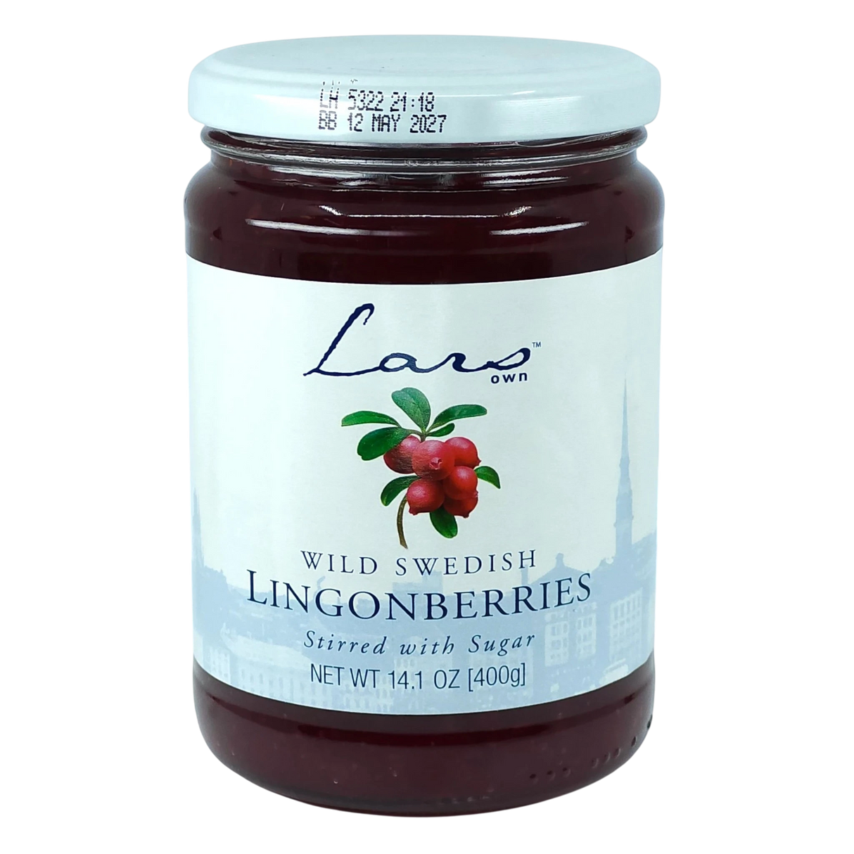A glass jar labeled Scandinavian wild Swedish lingonberries stirred with sugar, showing red berries and stating net weight 14.1 oz (400g).