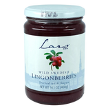 A glass jar labeled Scandinavian wild Swedish lingonberries stirred with sugar, showing red berries and stating net weight 14.1 oz (400g).