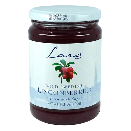 A glass jar labeled Scandinavian wild Swedish lingonberries stirred with sugar, showing red berries and stating net weight 14.1 oz (400g).