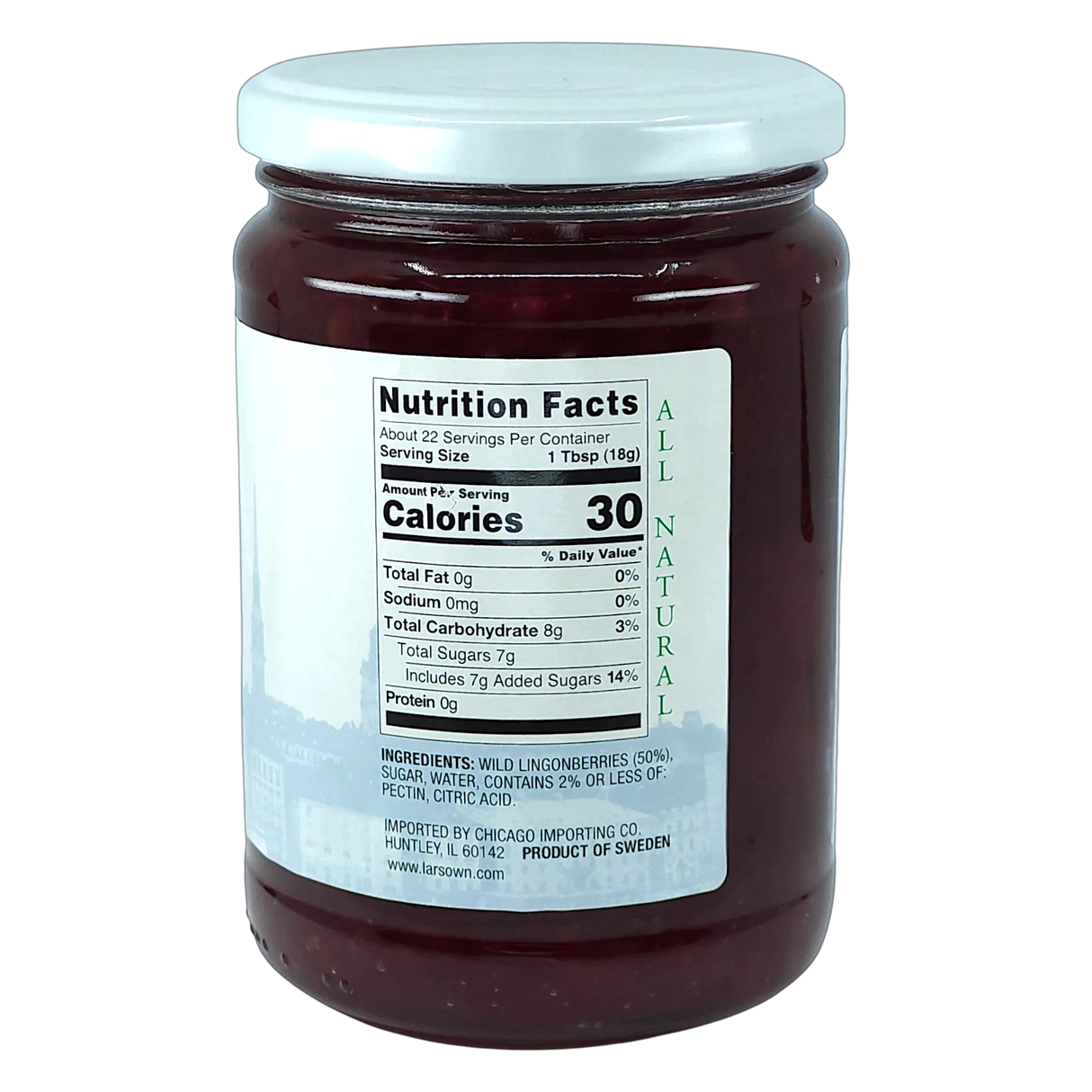 Jar with white lid containing Scandinavian preserves; front label shows nutrition facts and ingredients, featuring wild Swedish lingonberries.