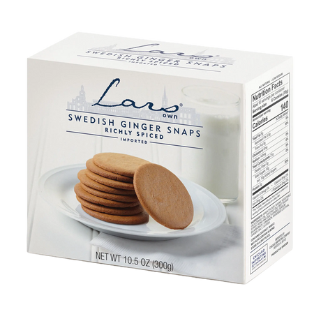 Box of Swedish pepparkakor with several cookies on a plate next to a glass of milk; nutrition facts and net weight 10.5 oz (300g) visible on the packaging.