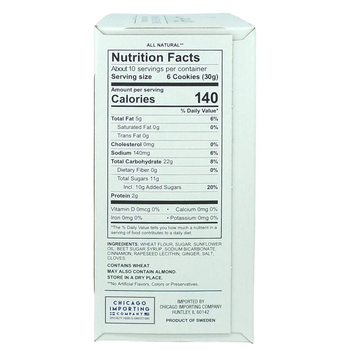 White box with nutrition facts, ingredients, serving size of 6 Swedish Ginger Snaps cookies (140 calories), and Chicago Importing Company contact details printed on the side.