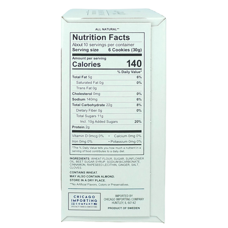 White box with nutrition facts, ingredients, serving size of 6 Swedish Ginger Snaps cookies (140 calories), and Chicago Importing Company contact details printed on the side.