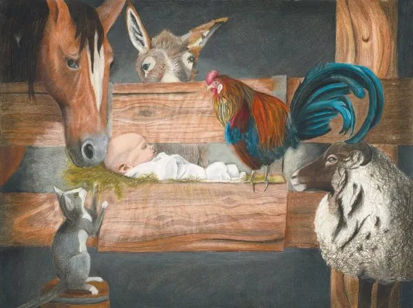A baby in a manger is lovingly watched by a horse, donkey, rooster, sheep, and cat on a stool in this charming "For Unto Us" 5x7 card by Rachael Koppendrayer—perfect for Christian greetings.