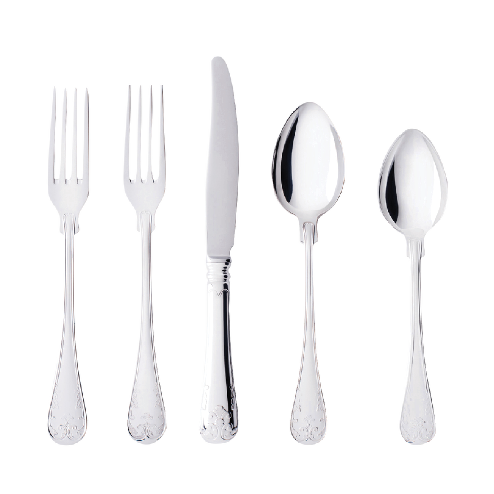 The Gense - Silver Dining Set Gammal Fransk 830 includes five polished pieces: two forks, a knife, a tablespoon, and a teaspoon, elegantly set against a pristine white background.