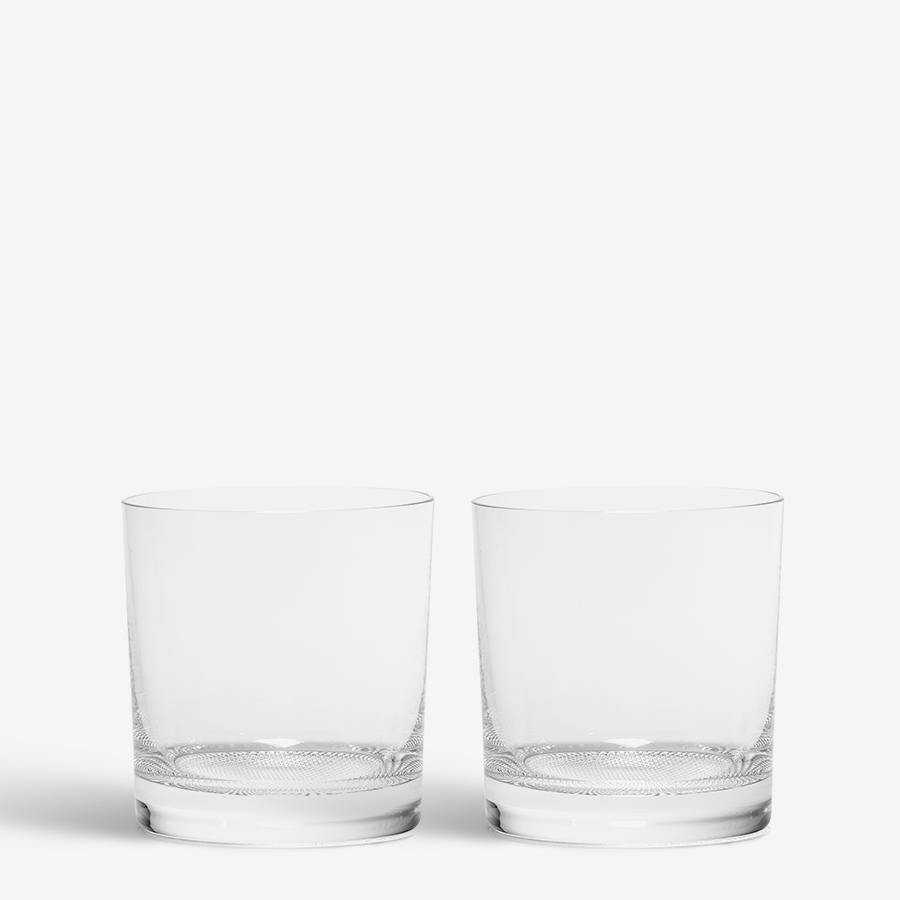 A pair of clear, empty KostaBoda Limelight Double Old Fashioned 15oz glasses are displayed on a white background.