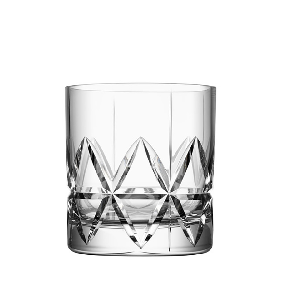 The Orrefors Peak Double Old Fashioned 11.5 oz (4-Pack), designed by Martti Rytkönen, showcases a stunning geometric cut pattern on clear glass.