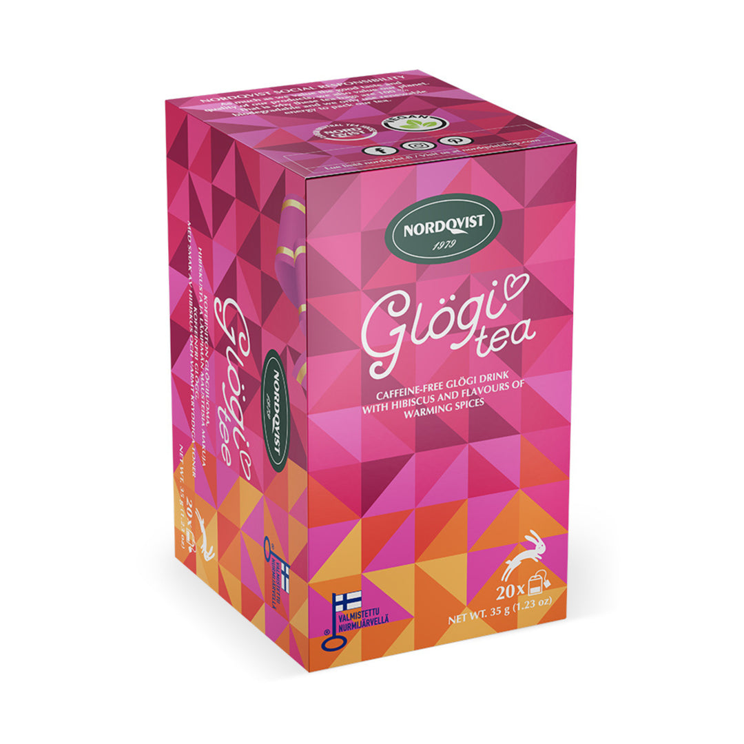 A pink and purple box of Nordqvist Glogi "Glogg" Tea, made in Finland, caffeine-free, with hibiscus and warming spices; 20 bags (1.23oz).