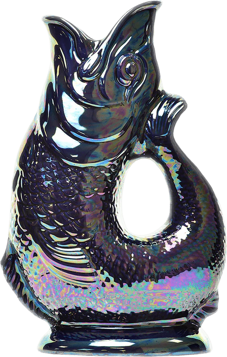The Gluggle Jug: Gluggle Jug Lustre Made in Europe is a ceramic fish-shaped pitcher with a lustre glaze, open mouth spout, and tail-shaped handle.