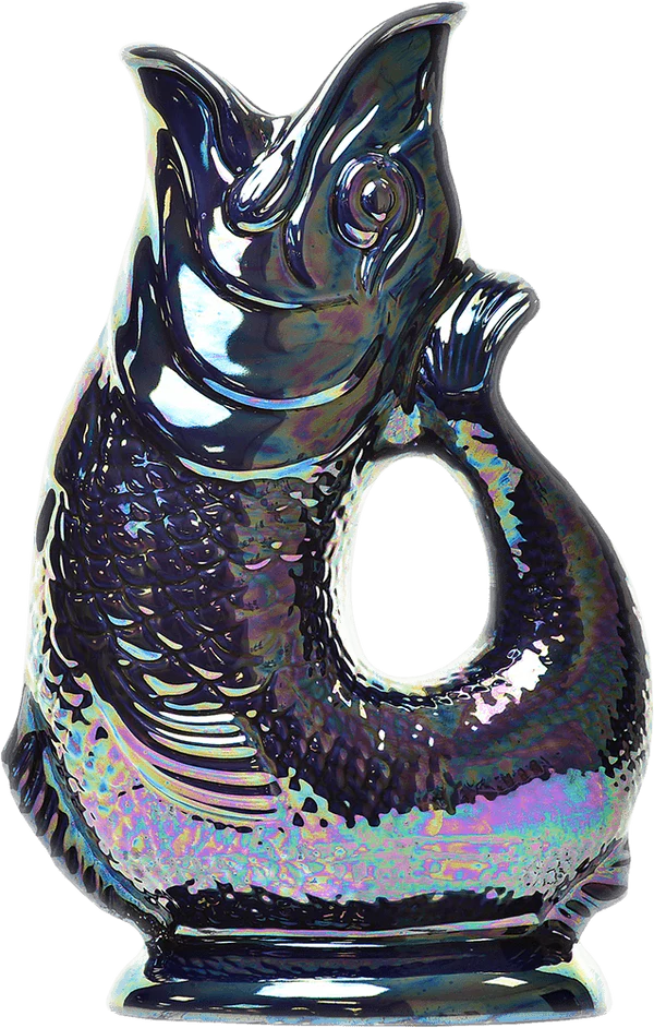 The Gluggle Jug: Lustre Gluggle Jug is an iridescent ceramic fish-shaped pitcher with an open mouth top and a curved tail handle.