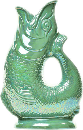 Certainly! Here’s a rewritten version of the sentence using the provided product data: The Original Gluggle Jug Factory presents the Gluggle Jug Lustre, a green ceramic fish-shaped pitcher made in Europe. Featuring textured scales, an open mouth spout, and a curved tail handle, this whimsical jug is renowned for its signature gurgling sound when pouring—combining playful design with everyday practicality.