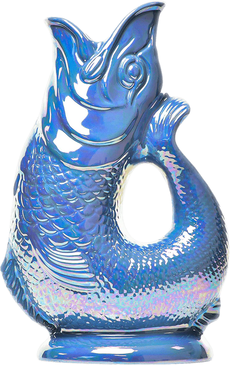 The Gluggle Jug: Gluggle Jug Lustre Made in Europe is a shiny blue, fish-shaped pitcher with textured scales, an open mouth, and a lustre glaze, designed to stand upright on a flat base.