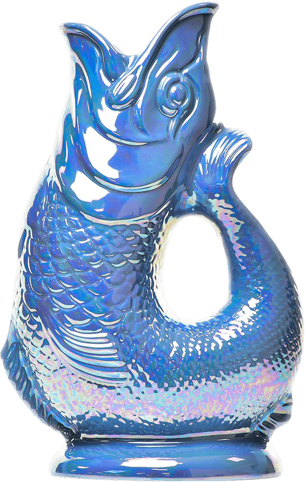 A shiny, iridescent blue Gluggle Jug Lustre by The Original Gluggle Jug Factory, this fish-shaped pitcher made in Europe features an open mouth, textured scales, and stands upright on a flat base.