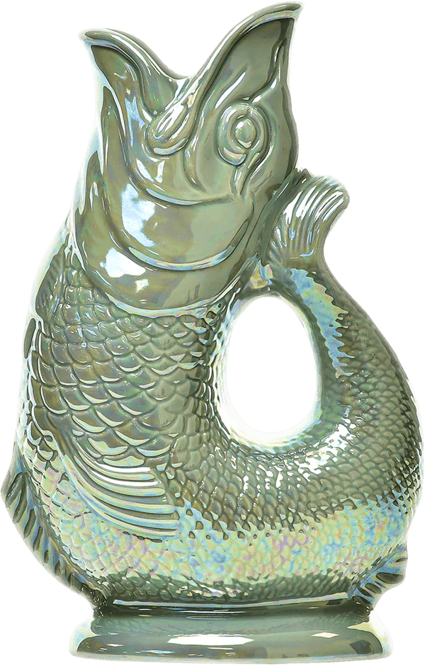 The Lustre Gluggle Jug is a glossy ceramic fish-shaped pitcher with detailed scales and a curled tail handle.
