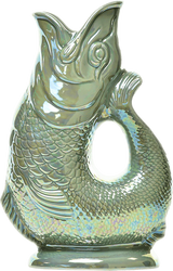 Gluggle Jug: Gluggle Jug Lustre Made in Europe—an iridescent ceramic fish-shaped pitcher with an open mouth and a handle formed by the curved body, finished in a lustre glaze.