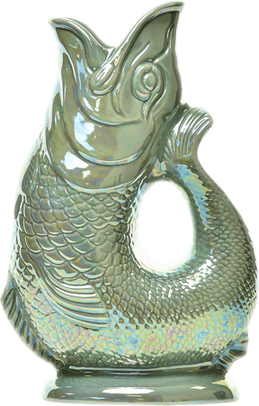 Gluggle Jug: Gluggle Jug Lustre Made in Europe—an iridescent ceramic fish-shaped pitcher with an open mouth and a handle formed by the curved body, finished in a lustre glaze.