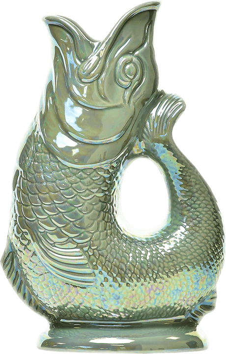 Gluggle Jug: Gluggle Jug Lustre Made in Europe—an iridescent ceramic fish-shaped pitcher with an open mouth and a handle formed by the curved body, finished in a lustre glaze.