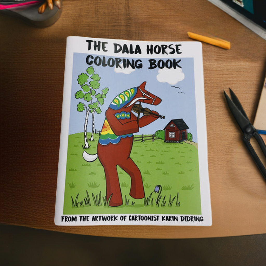 Explore Activity Book: Dala Horse Coloring Book by Karin Didring, featuring a delightful scene of a whimsical Dala horse playing a fiddle on a lively farm.